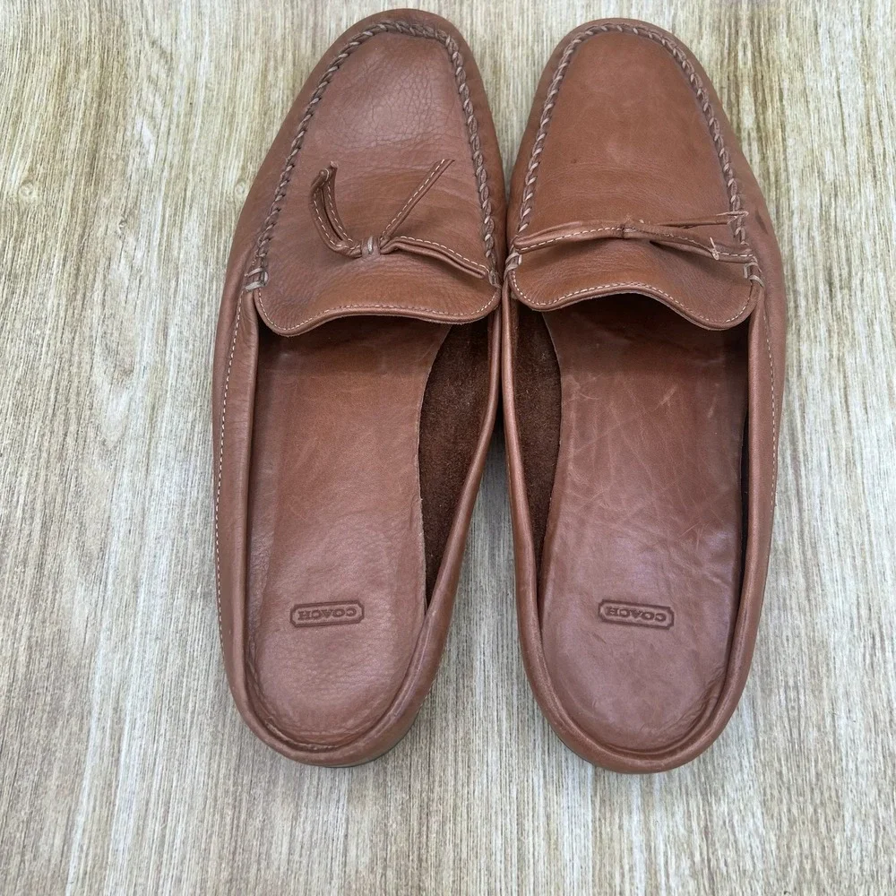 Coach Rayna Mule Loafer Women's 9 Brown Leather Made in Italy Bow Whipstitch